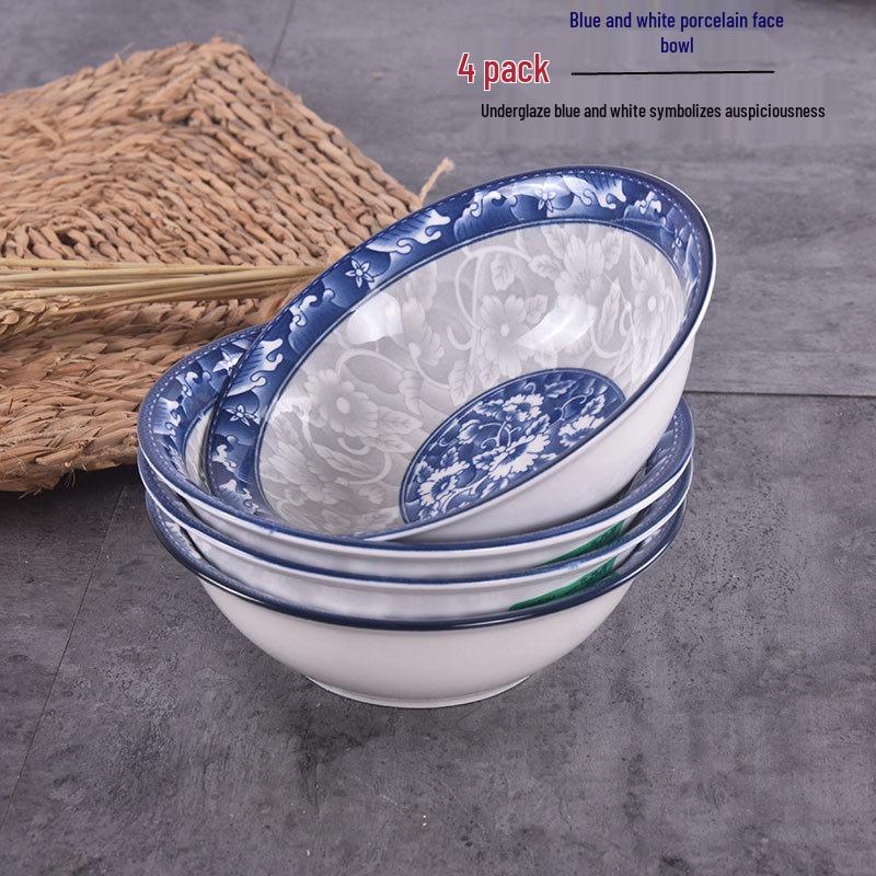 4-Piece 8-Inch Ceramic Noodle Bowls: Underglaze Blue and White Porcelain Conical Soup Bowls, Household Tableware.