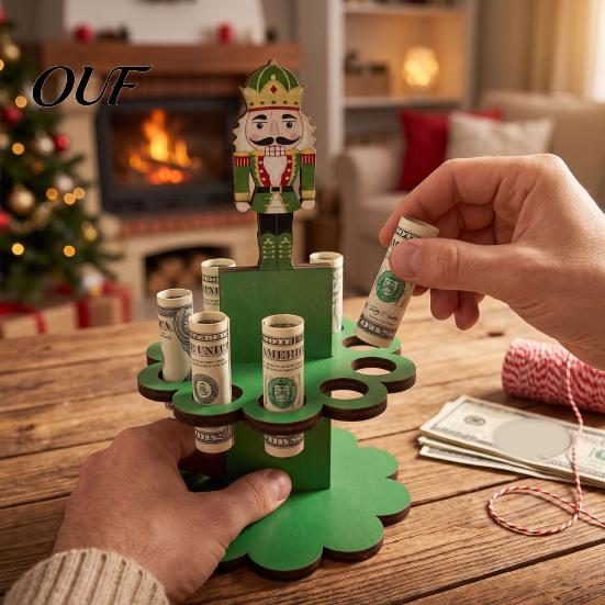 Decorazione da Tavola Natalizia in Legno Porta Soldi di Natale Ornamenti con 10 Fori, Pupazzo di Neve Babbo Natale Albero Espositore per Contanti Porta, Decorazione per