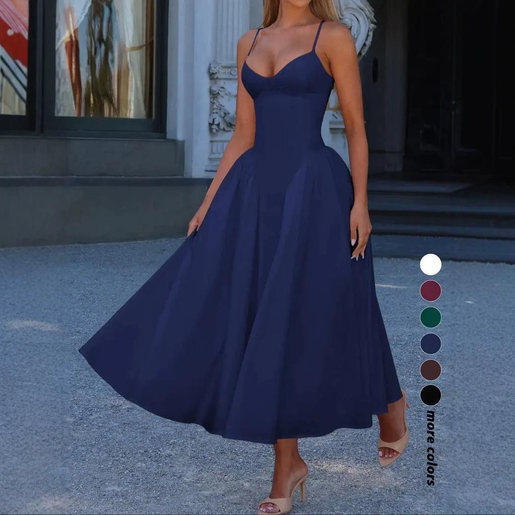 New Pure Desire French First Love Temperament Coffee Break Straps Pleated Waist Solid Color Suspender Dress