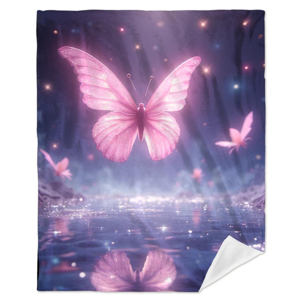 Pink Butterfly Galaxy Blanket Fantasy Art Cosmic Sky Water Reflection Fleece Throw Dreamy Decor Gift For Women Home Bedroom Cozy