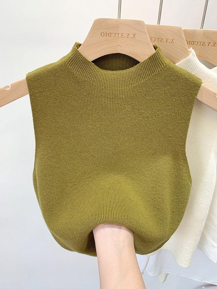Semi-turtleneck Knitted Suspender Small Vest Women's Early Autumn Spring Suit with Bottoming Shirt Inside, Sleeveless Outer Wear Short Sweater Winter