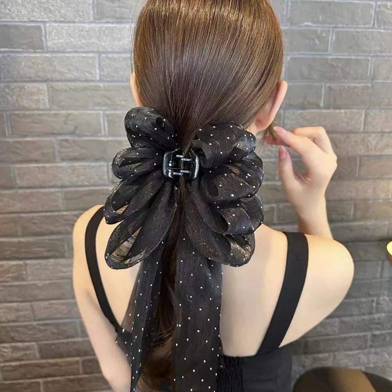 Korean Style Fashion Large Bow Ribbon Hair Claw Super Fairy Temperament Glitter Rhinestone Hair Clip Girl Sweet Hair Accessories