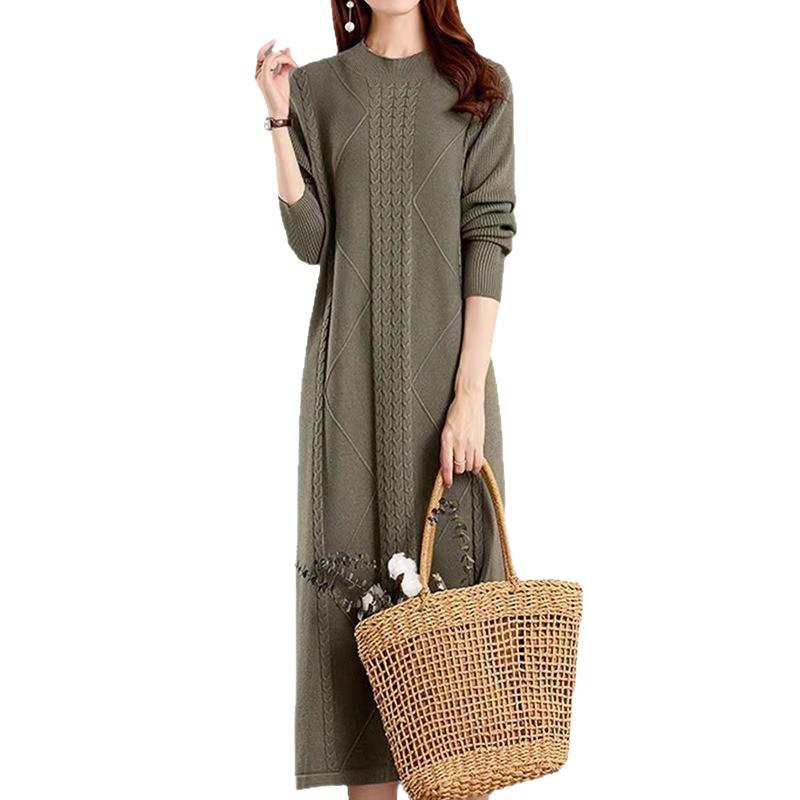 Herbst-Winter 2025 Lockerer Zopfmuster-Wollkleid