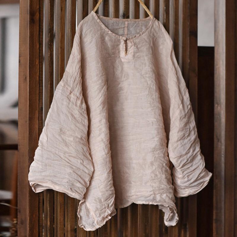 

Johnature Женские винтажные футболки с круглым вырезом и длинным рукавом Весенние футболки Однотонные свободные мягкие женские футболки на пуговицах One Size светло-розовый