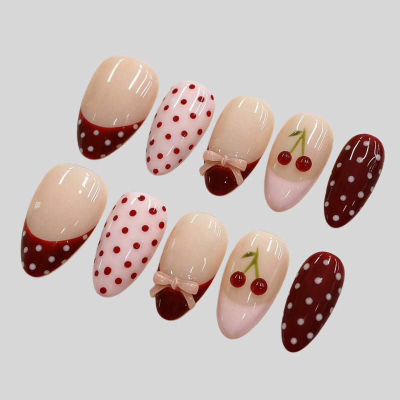 30Pcs Sweet Pink French Tip Press On Nails With Polka Dots Bows And Cherries Cute Fake Nails Gift For Girls And Friends