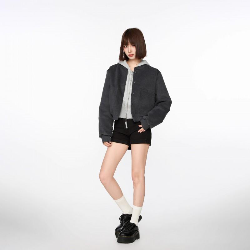 Womens Short Gray Wool Blend Cropped Bomber Jacket 2026 Fall Loose Fit Hooded Outerwear