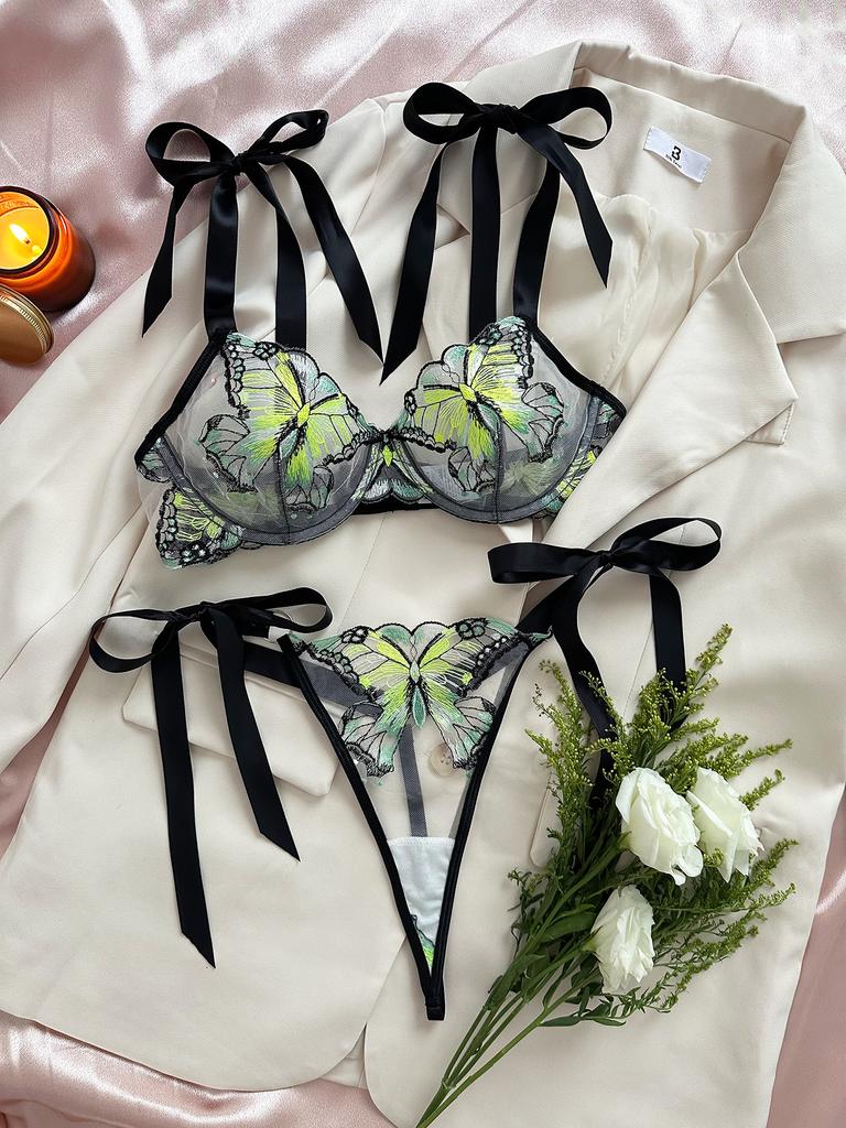 Women'S Sexy Butterfly Embroidery Sheer Mesh Lingerie Set See Through Temptation Bra Panty Outfit Shelf Bra