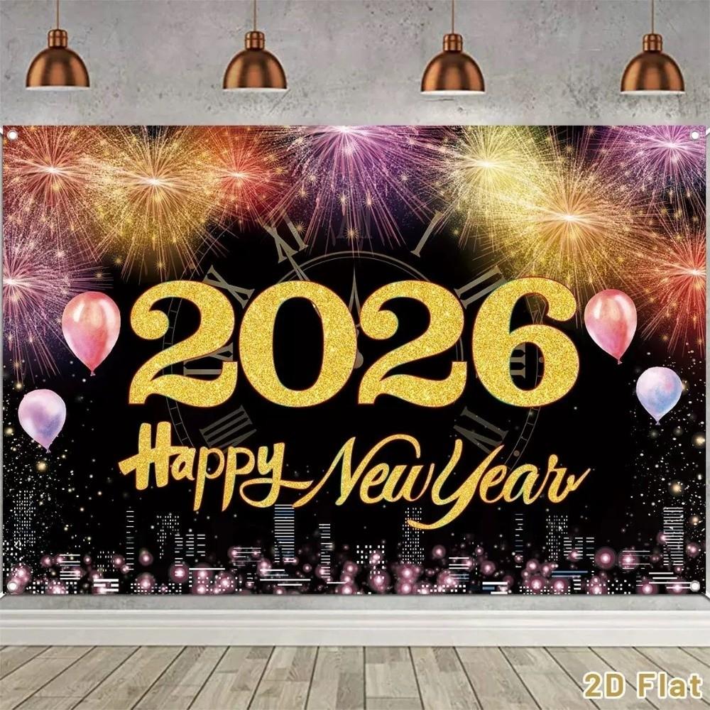 Shiny 2026 New Year Backdrop Banner Colorful Balloon Black Gold Photography Background Polyester Night Glittering