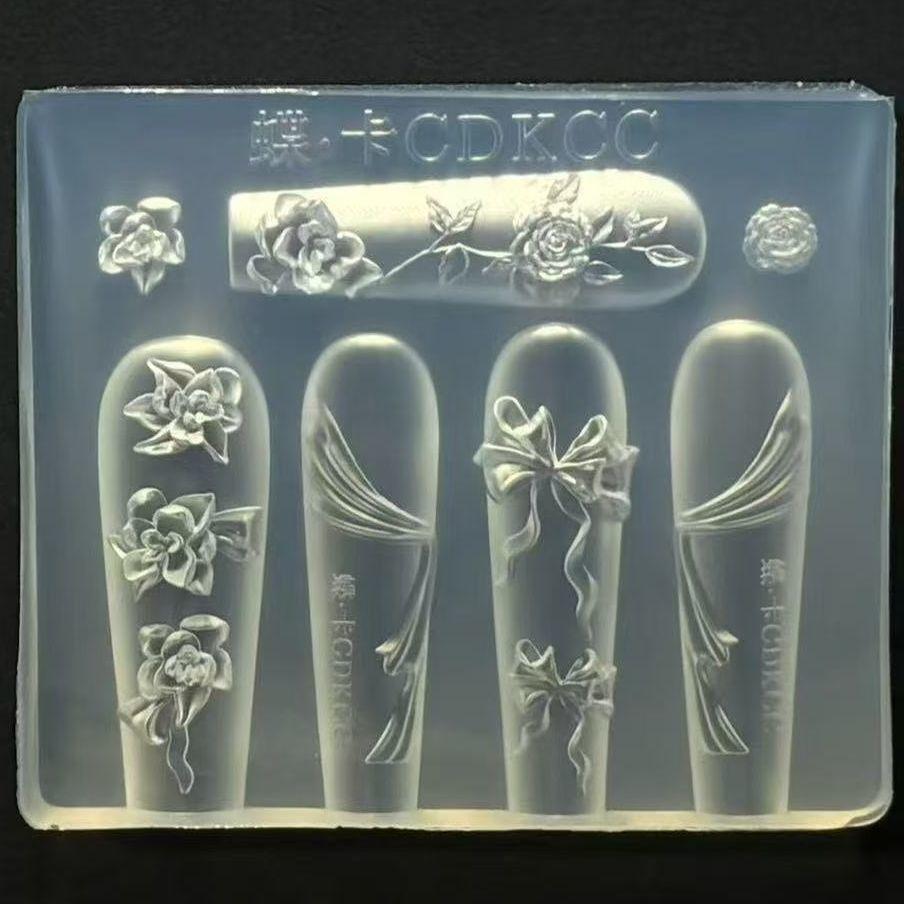 3D Silicone Nail Art Mold Rose Flower Bow Wing Retro Relief Pattern Design Diy Nail Templates Manicure Design Tool