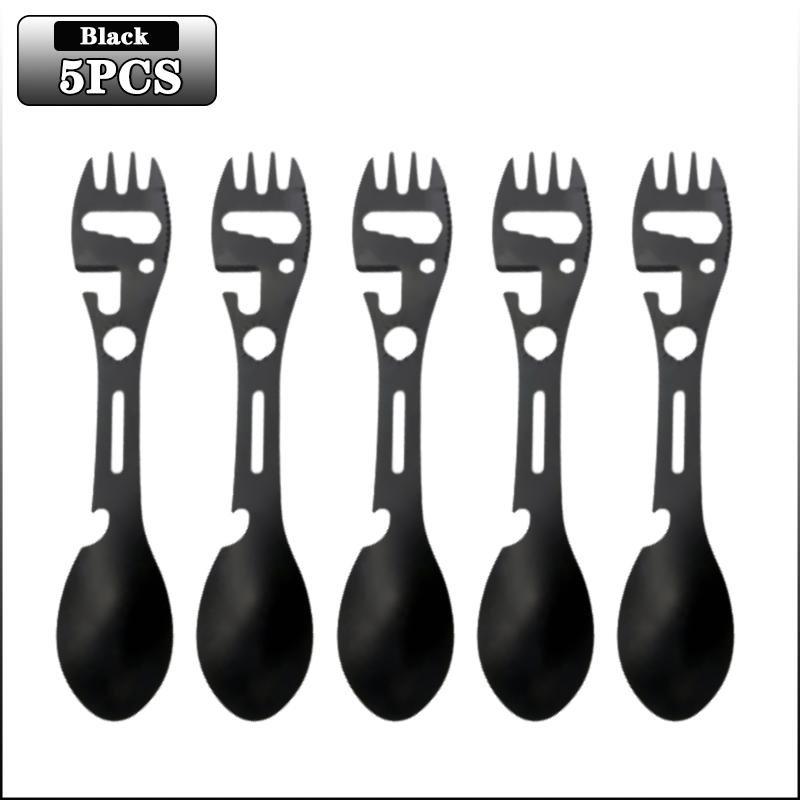 1-20PCS 5 In 1 Stainless Steel Fork Spoon Knife Can Opener Bottle Opener Wrench Multifunctional Gear Outdoor Camping Supplies