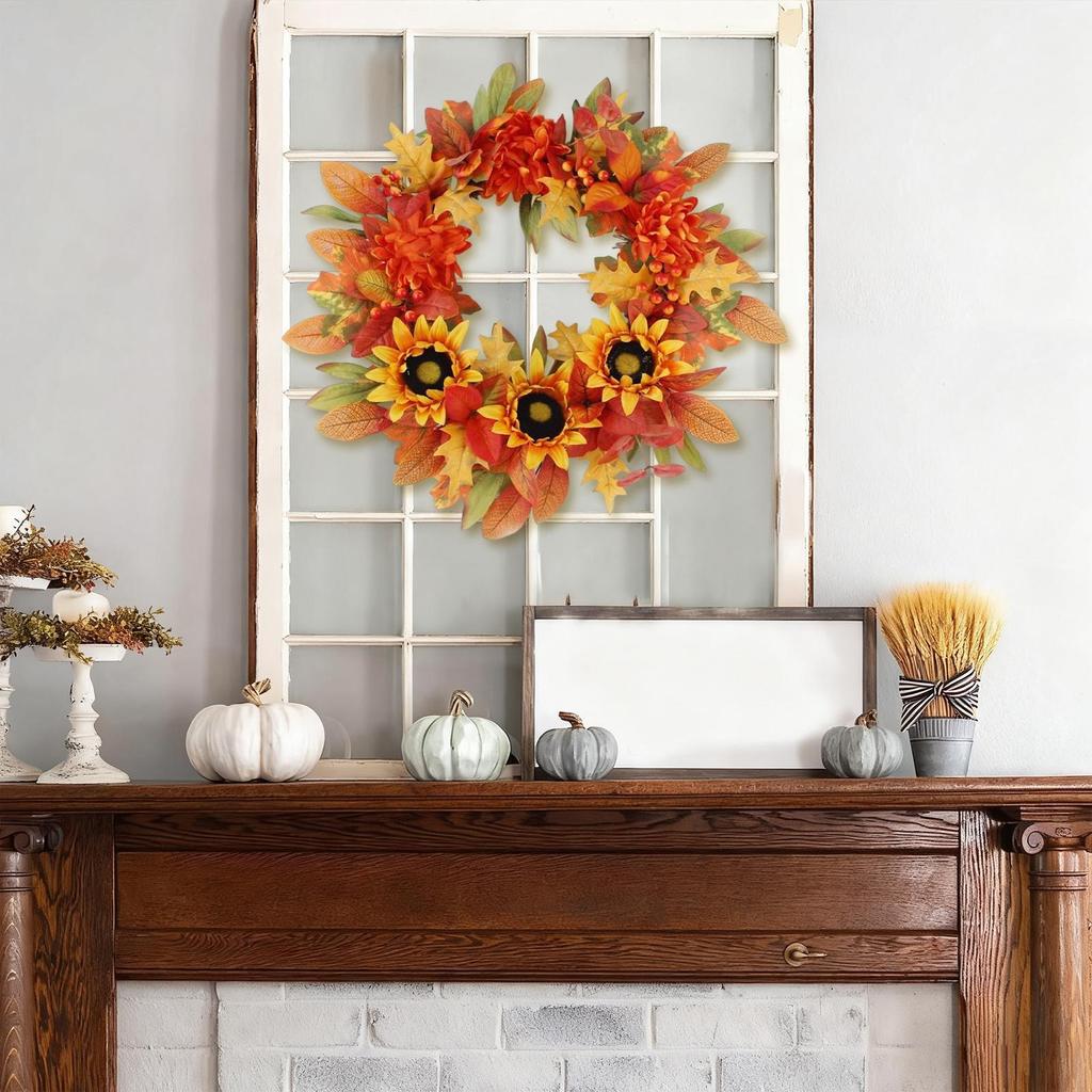 Herbstkranz Erntegirlande Künstlicher Kranz Mit Ahornblättern Orange Rote Beeren Und Sonnenblumen Für Herbst Bauernhaus Außen