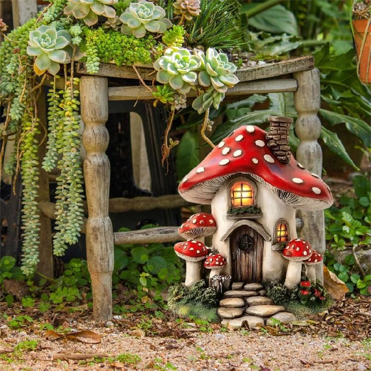 Realistischer handgefertigter Pilzhaus-Pflanzstab Cottage-Hofschild Rasenornamente Geeignet für kreative Gartendekoration
