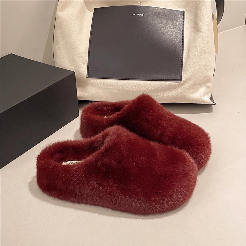 Kaninchenfell Französische flache Tasche Kopf flauschige Hausschuhe für Damen zum Tragen 2025 neue Herbst- und Winter-Ein-Pedal-Samt-Baumwollhausschuhe