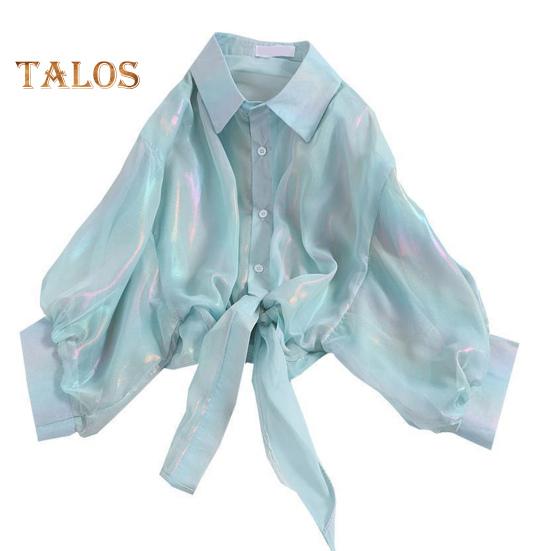 Cămașă de protecție solară pentru femei, cu rever, cu mâneci 3/4, cămașă curcubeu de culoare strălucitoare, cu papion la un singur piept Cămașă subțire din șifon