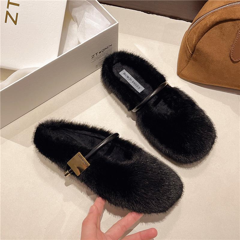 Retro jednoduché chlupaté boty pro ženy 2025 zimní nošení s plochou podrážkou nazouvací čepice pro ženy, sametové univerzální bavlněné pantofle pro ženy
