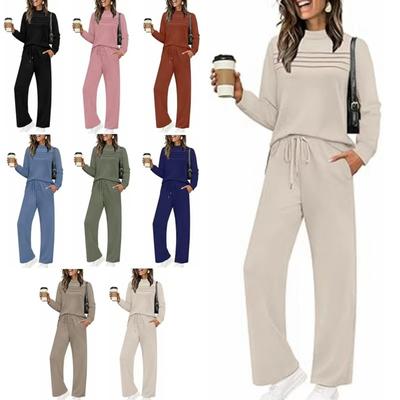 Women's Loose Fit Lounge Set Long Sleeve Crew Neck Striped Sweatshirt Drawstring Wide Leg Pantsuit