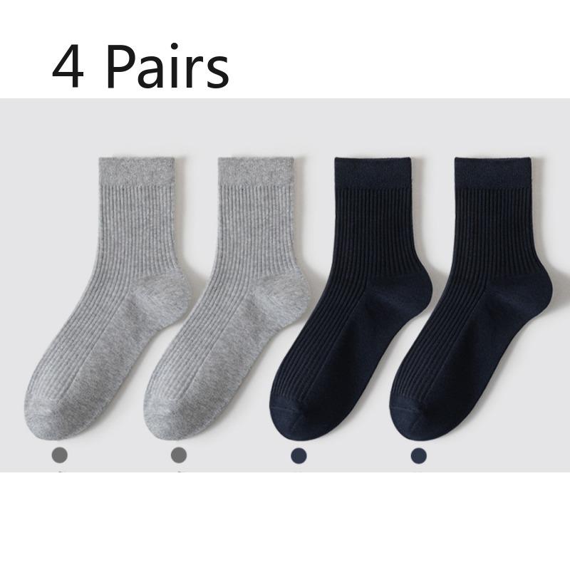 4 Pairs of Men's Spring and Summer Mid-calf Socks, Vertical Anti-pilling Breathable Cotton Socks, Deodorizing and Sweat-absorbing Long Calf Socks
