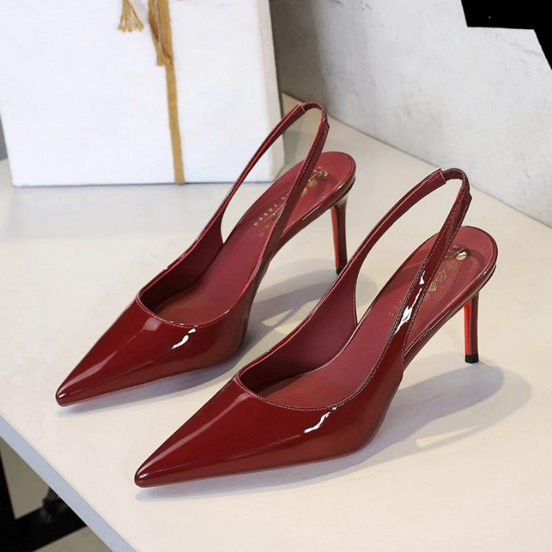 Fashion Pointed Toe High Heels Open Back Slip On Shoes Glossy Patent Leather Women Dress Pumps Low Cut Thin Heel