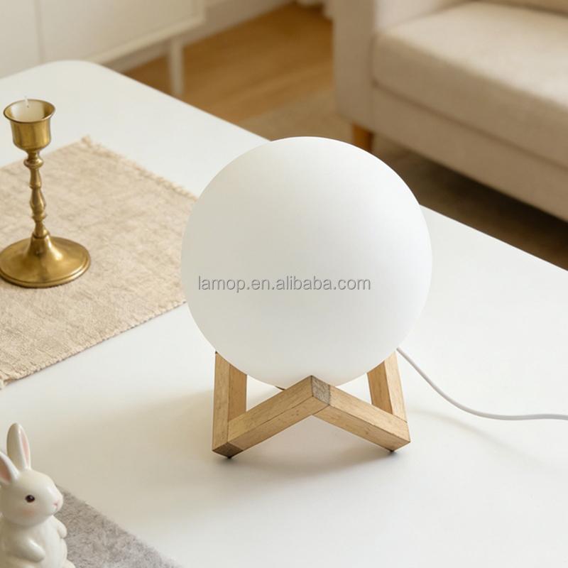White Frosted Round Ball Night Light with Wooden Stand for Homestay Tabletop and Bedroom Bedside Ambient Decoration
