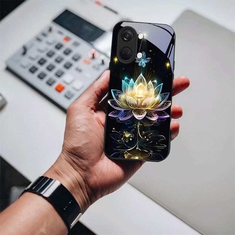 tellar Luminescence Lotus Black Glass Phone Case For OnePlus Ace 2 3 5 Pro Nord CE 2T 2 3 Lite 6 7T 8 9 10 Pro 11R 12R 13R Cover