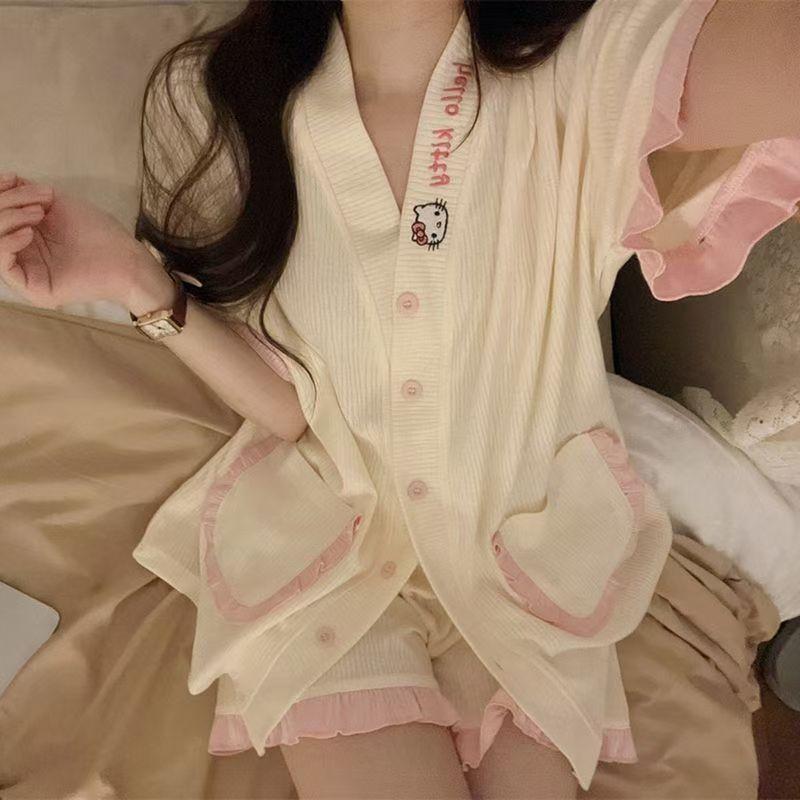 

Sweet HelloKitty cat pajamas women s summer short-sleeved shorts set beautiful girls can wear casual loungewear S [recommended weight 35-40kg]