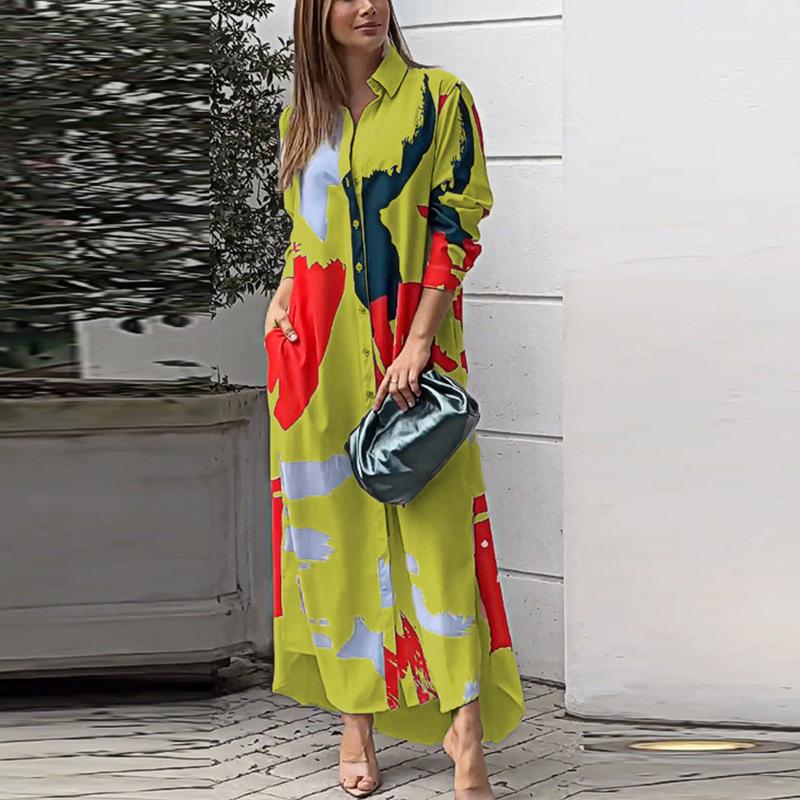 Mode Elegant Langarm Druck Langhemdkleid Lässig Locker Schlitz Revers Büro A-Linie Partykleider Taschen Frühling Herbst Einfache Kleidung
