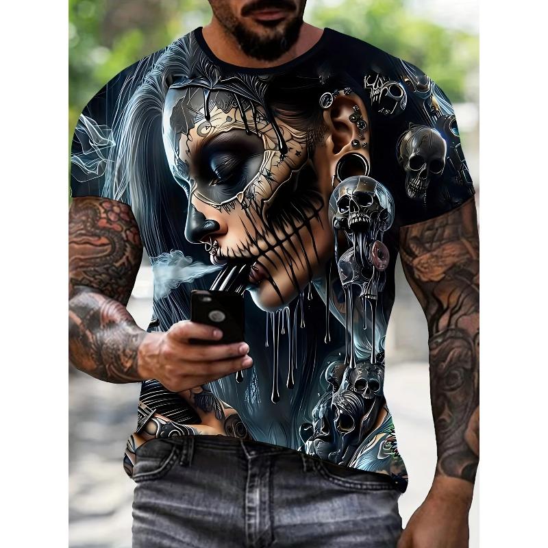 Men's 3D Skull Printed T-shirt 2025 Summer New Men's Round Neck T-shirt Casual Comfortable Hip Hop Pullover Short Sleeve
