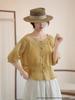 Women's Artistic Embroidered Linen Shirt - Summer 2026, Round Neck, Pleated, Loose Fit, 3/4 Sleeves, Chinese Style.