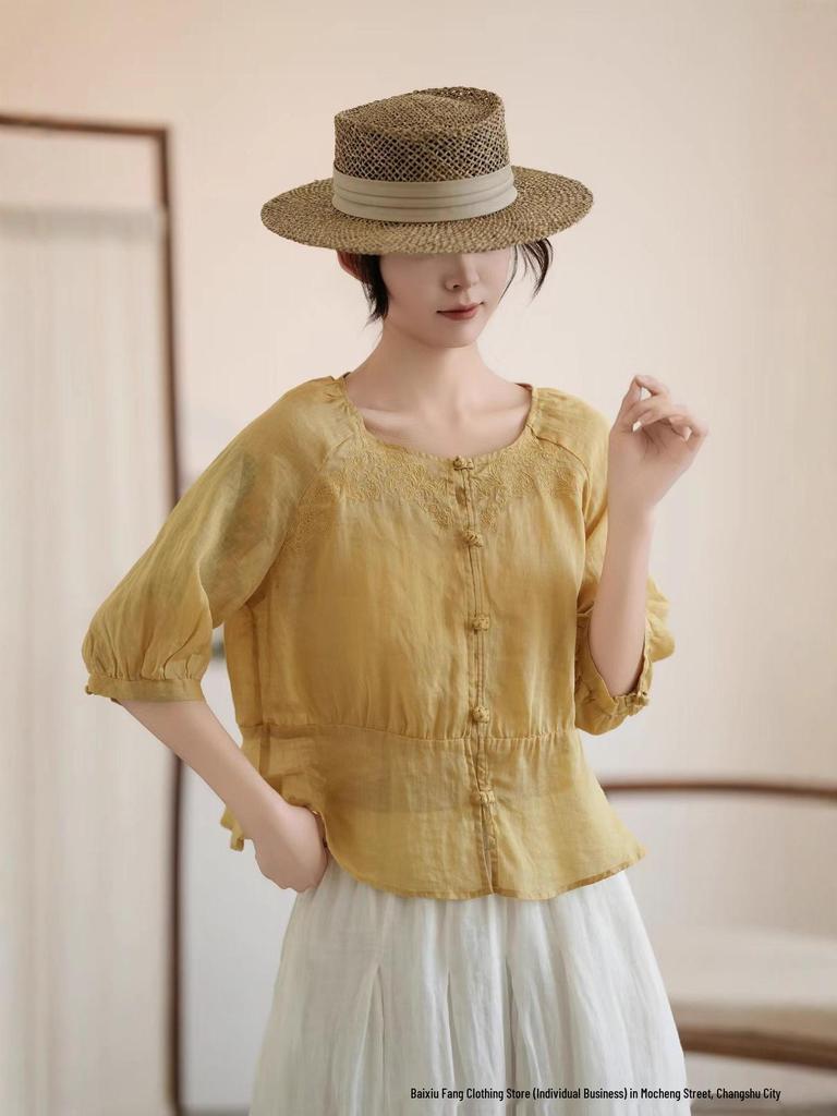 Women's Artistic Embroidered Linen Shirt - Summer 2026, Round Neck, Pleated, Loose Fit, 3/4 Sleeves, Chinese Style.