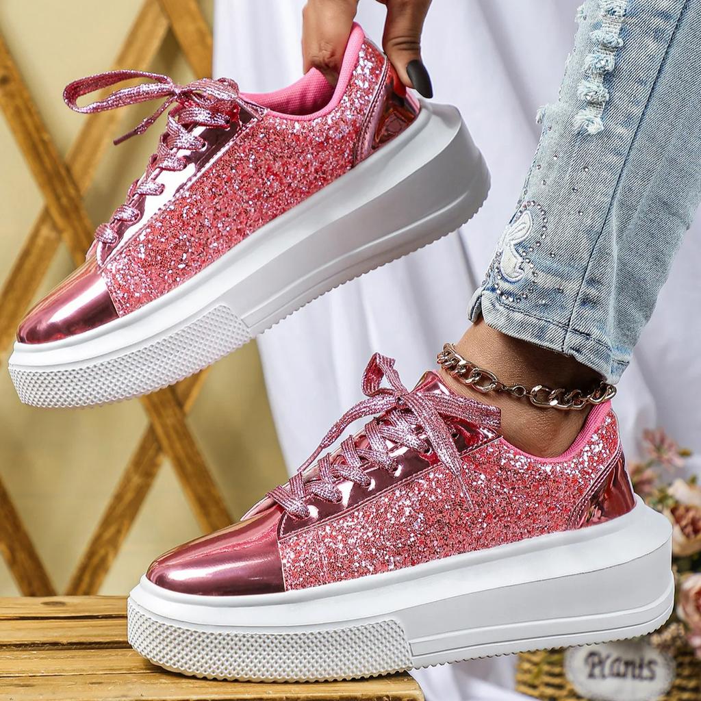 Damen Plateauschuhe Mode Pailletten klobige Schuhe PU-Leder Freizeit-Sneaker runde Zehenpartie Laufschuhe Tägliche vielseitige Schuhe