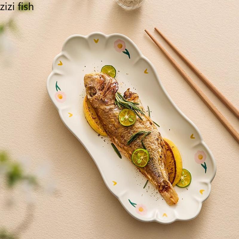 Creative Peony Pattern Ceramic Fish Plate Restaurant Dessert Plate Sushi Sashimi Plates Molecular Cuisine Specialty Tableware
