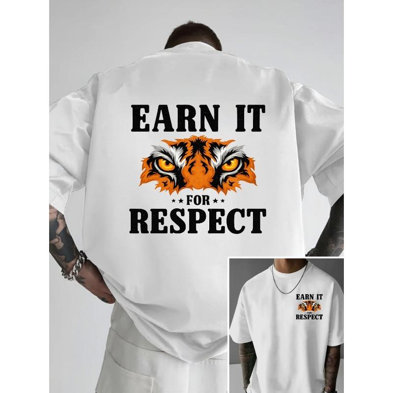 

European Size Men s Motivational Earn Respect Back Print T-Shirt - White & Orange Tiger Graphic Tee for Gym, Casual Outfits - Bold Statement Shirt 4XL білий
