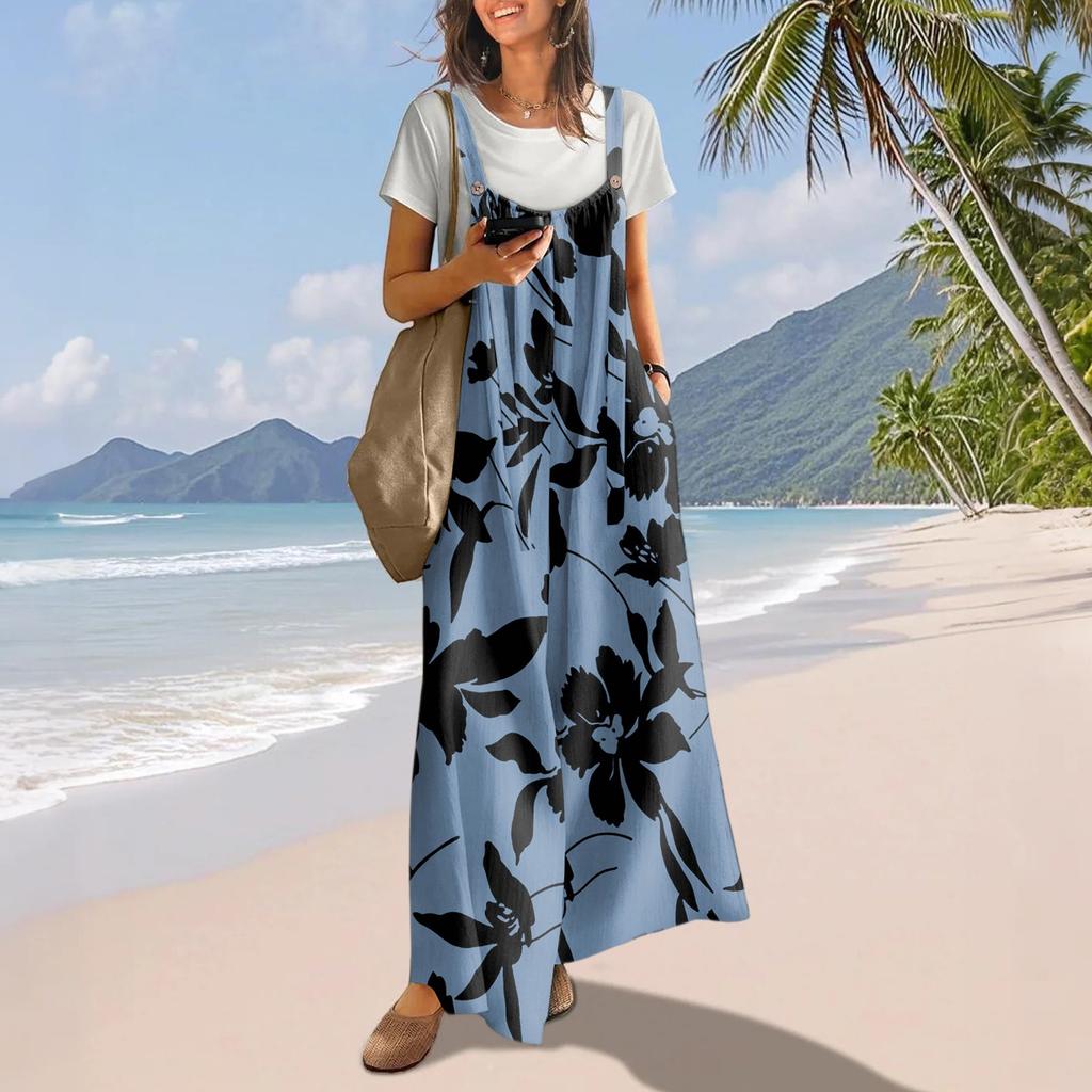 Casual Wide Leg Jumpsuits For Women Boho Floral Pleated Overalls Rompers Summer Outfits With Pockets