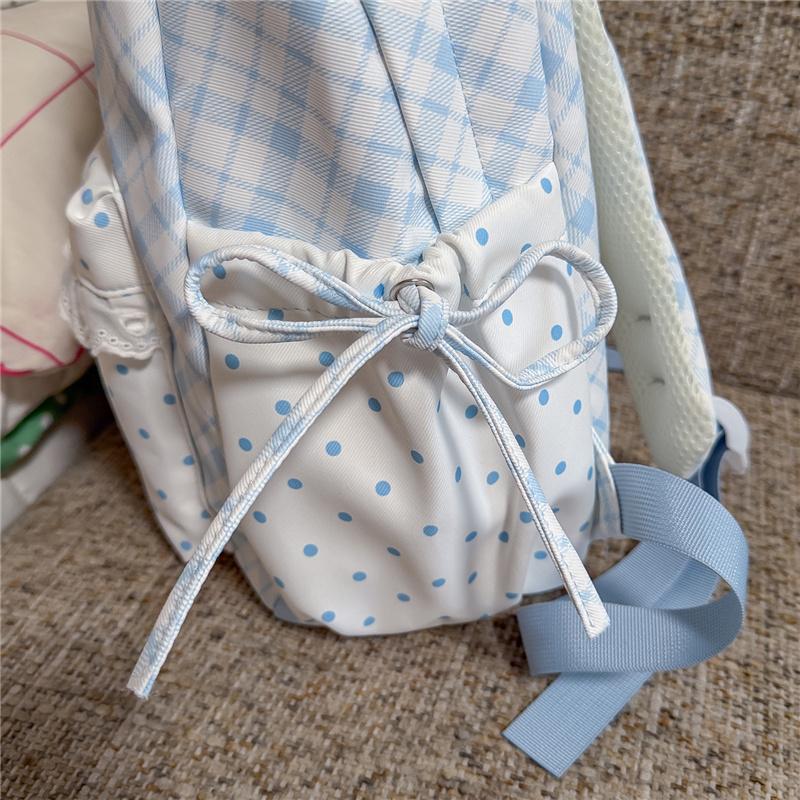 Cute Gingham Polka Dot School Backpack with Bow Detail Lace Trim Lightweight Zipper Daypack for Teen Girls Travel
