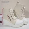 Floral Embroidered Wedge Woven Shoes for Women Autumn Lace Up High Top Casual Shoes Woman Size36-42 Fashion Platform Pumps