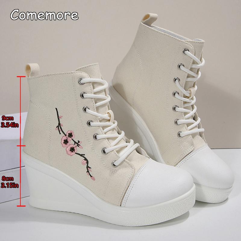Floral Embroidered Wedge Woven Shoes for Women Autumn Lace Up High Top Casual Shoes Woman Size36-42 Fashion Platform Pumps