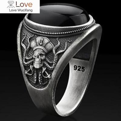 Silber Farbe Retro Punk Herren Ring Schwarz Stein Schädel Octopus Klobige Finger Ringe Für Männliche Gothic Party Geschenk Vintage Schmuck