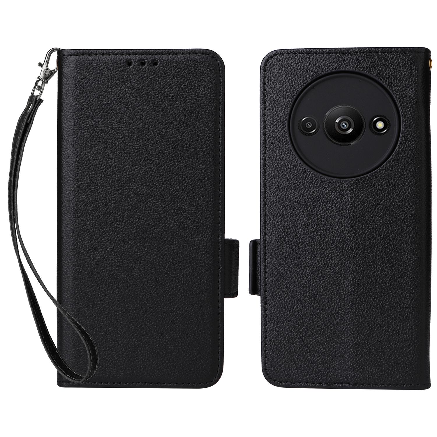 

For Xiaomi Redmi A3 4G/Poco C61 4G Case with Wrist Strap Litchi Texture PU Leather Wallet Phone Cover Black