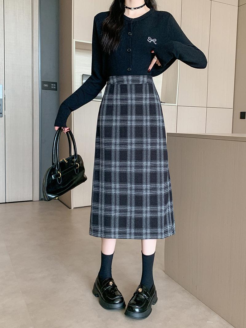 Plus Size Women s Korean-Style High Waist Plaid Wool Skirt XL чёрный