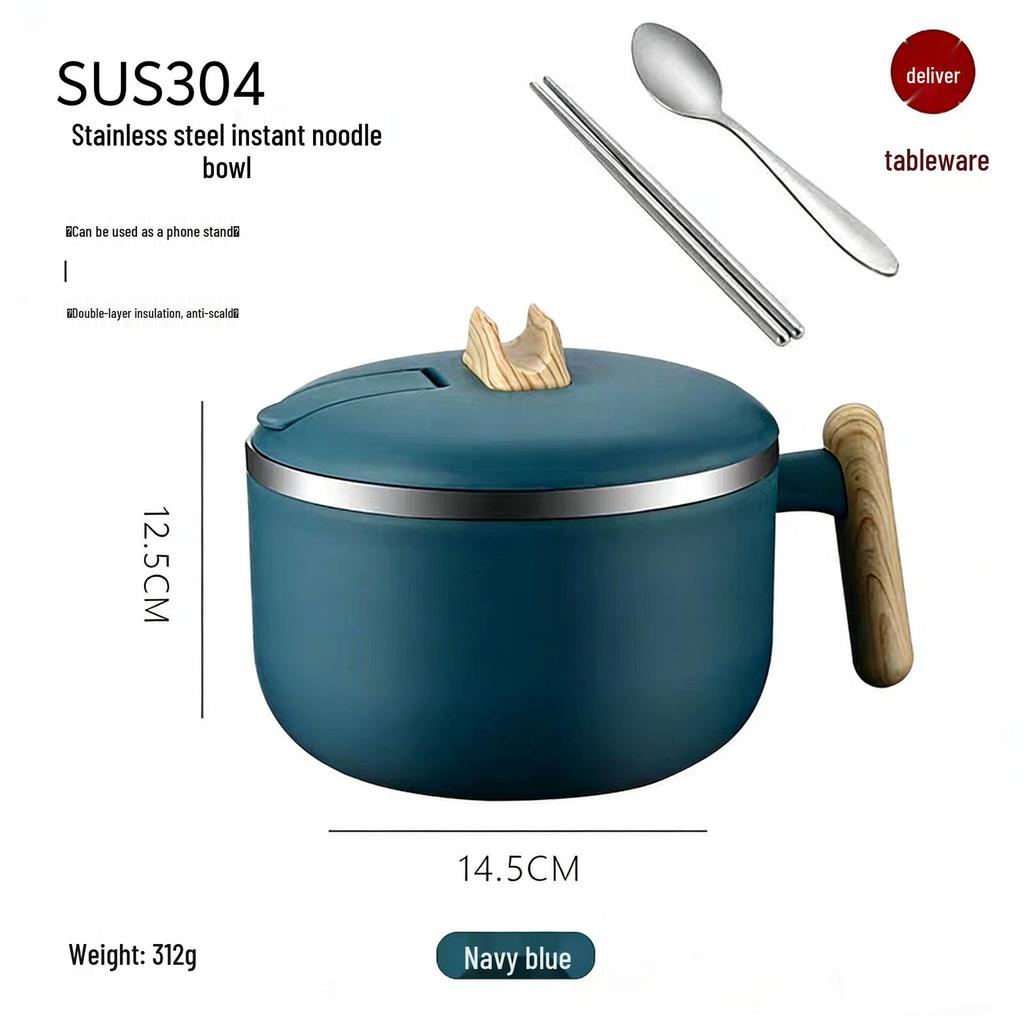 304 Stainless Steel Large Capacity Instant Noodle Bowl with Lid and Heat Preservation for Dormitory or Lunch.