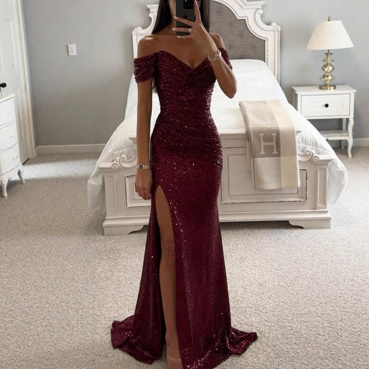 European & American One-Shoulder Sequin Slit Dress - Women s Casual Party Fashion Medium бордовый