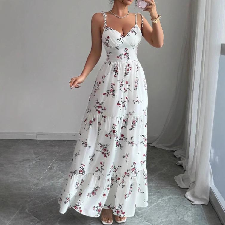 Summer New V-neck Slim-fitting and Thin Floral Long Skirt Printed Fairy Suspender Dress