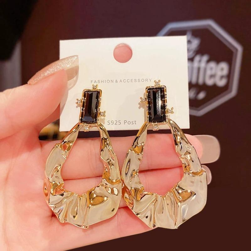 Exaggerated Irregular Gold Color Stainless Steel Fold Drop Dangle Earrings for Women Temperament Inlay Crystal Stud Jewelry Gift