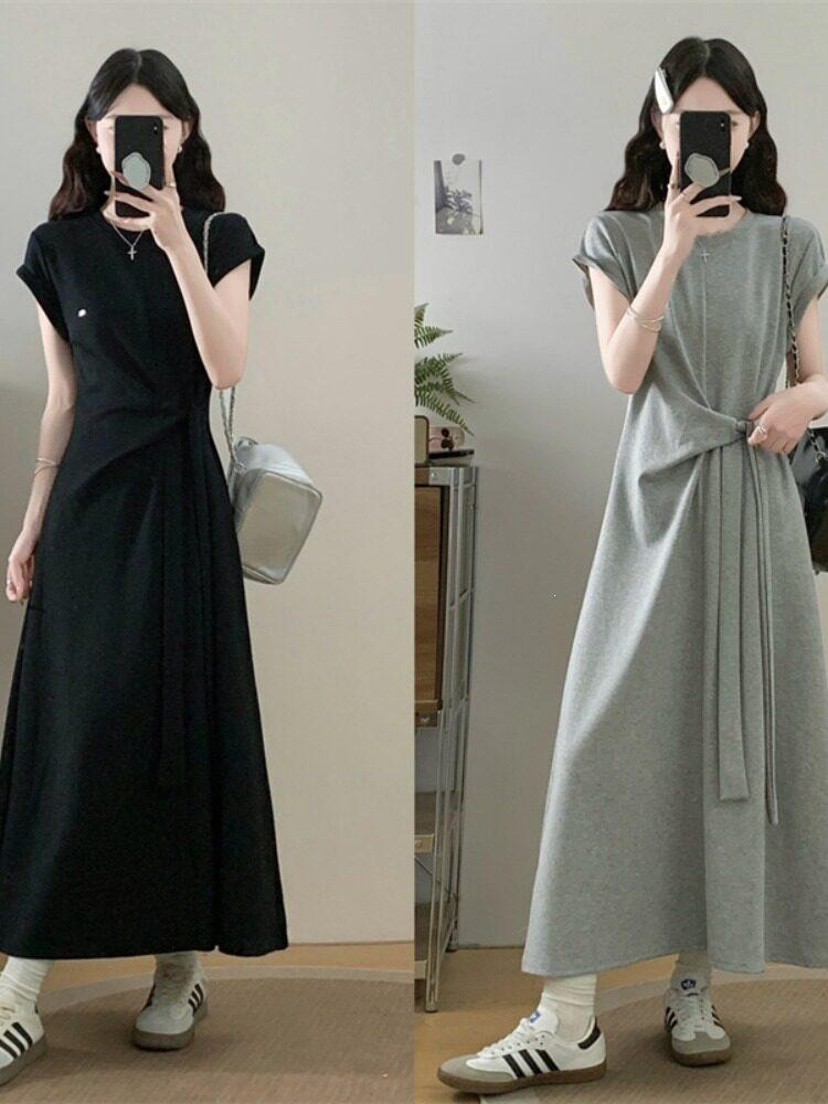 Large Size Fat Mm Design Sense Lace-up Waist Dress Women's 2026 Summer Fashion Foreign Style Thin Casual T-shirt Skirt
