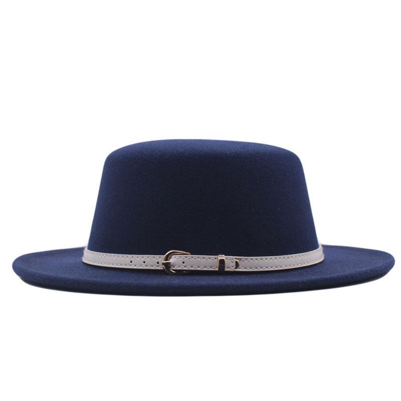 Hat Women's Woolen Top Hat Autumn and Winter Solid Color Retro Gentleman British Style Flat Top Belt Accessories Felt Hat