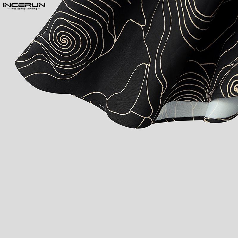 INCERUN Men Elastic Waist Print Ruffled Splits Bohemia Holiday Irregular Long Skirts