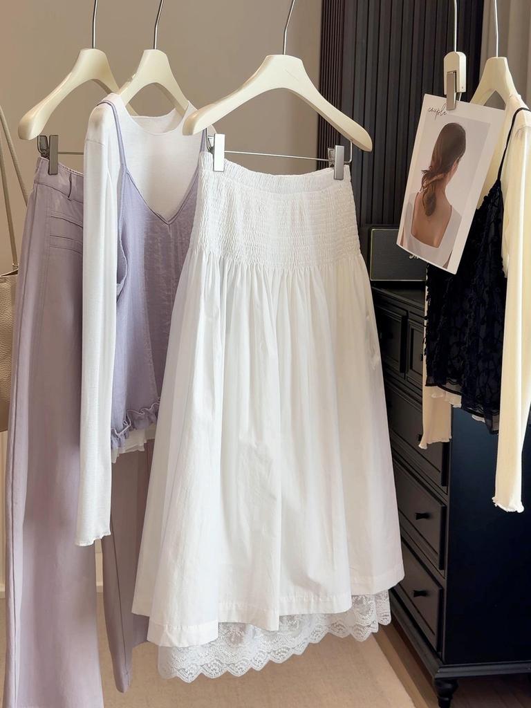 Elegant High-Waisted Lace Trim Patchwork White Skirt for Women