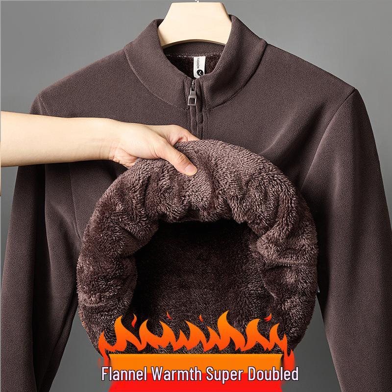 2025 Winter Men's Ollie Fleece Flannel Half-Zip Stand Collar Hoodie with Plus Velvet for Warmth and Cold Protection