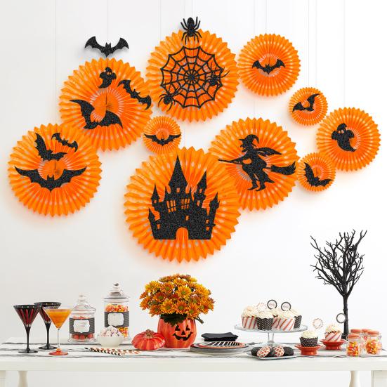 28 Pcs Halloween Hanging Paper Fans Decoration Spooky Witch Bat Honeycomb Round Paper Fans Ornament for Halloween Party Home Decor