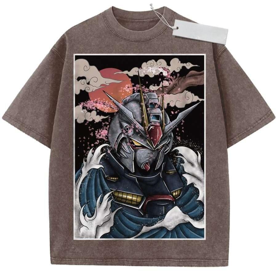 Summer Mens Black Washed T  Shirt Mobile Suit Gundam Japanese Wave Style RX High  Quality Fabric for Casual